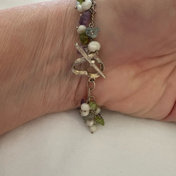 Pearl Amethyst Peridot Aquamarine Nugget Dangle Sterling Bracelet 925 7.5” - Picture 2 of 7